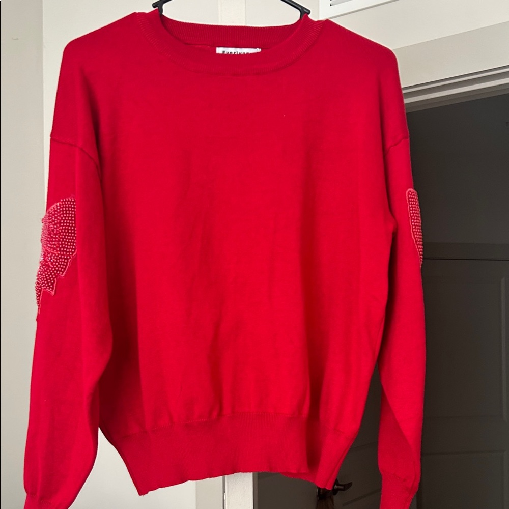 Everly Bright Red Crewneck Sweater with Beaded Elbow Accents